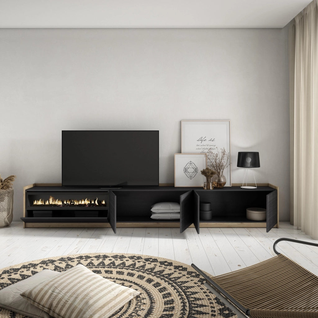 Mobile TV Soggiorno, 310x50x37 cm, Per TV fino a 80", Camino elettrico, Nero e rovere