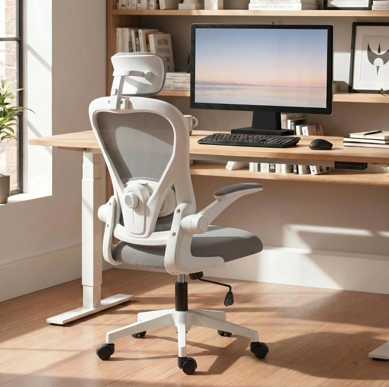 Sedia da Ufficio Ergonomica con Supporto Lombare Regolabile e Braccioli Ribaltabili Grigia