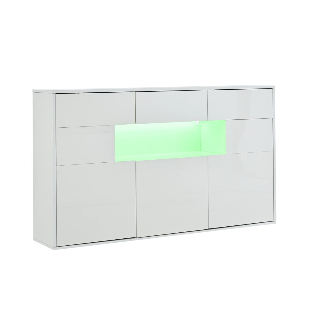 Credenza soggiorno 140 x 30 x 82 cm con 3 cassetti, 5 vani e luce LED, bianco lucido