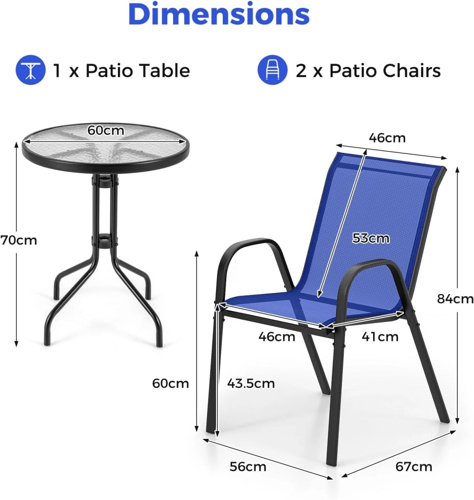 Set da Bistrò in Tessuto Textilene, Set da Giardino in 3 Pezzi, Tavolo Rotondo in Vetro Portato 50 kg, Sedie Portate 150 kg, Set Tavolo e Sedie da Esterno, Patio, Cortile, Veranda (Navy)