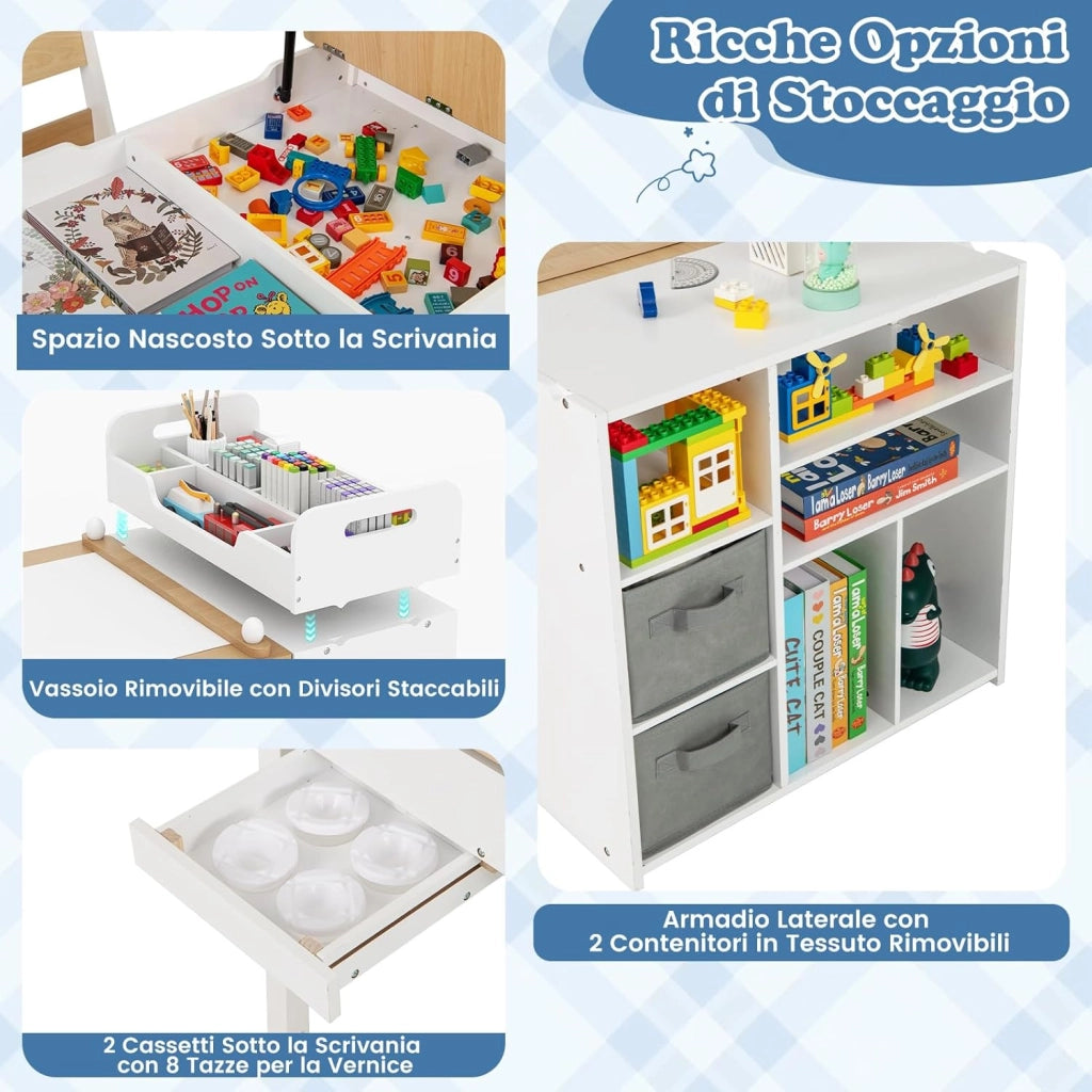 Set Tavolo e Sedie per Bambini con Rotolo di Carta, Tavolino per Cameretta con 2 Sedie, Piano Ribaltabile, Ripiani, 8 Bicchieri per Pittura, 2 Cassetti Nascosti e 2 Ceste di Tessuto (Naturale)