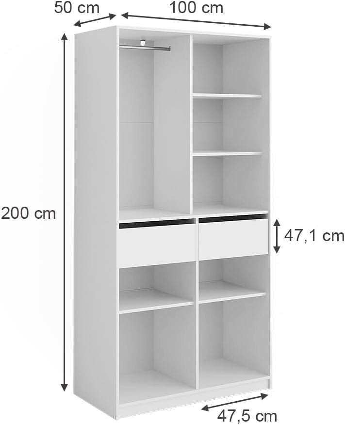 Armadio Elmo, Bianco, 100 x 200 cm con 2 cassetti, per una conservazione flessibile di diversi capi di abbigliamento