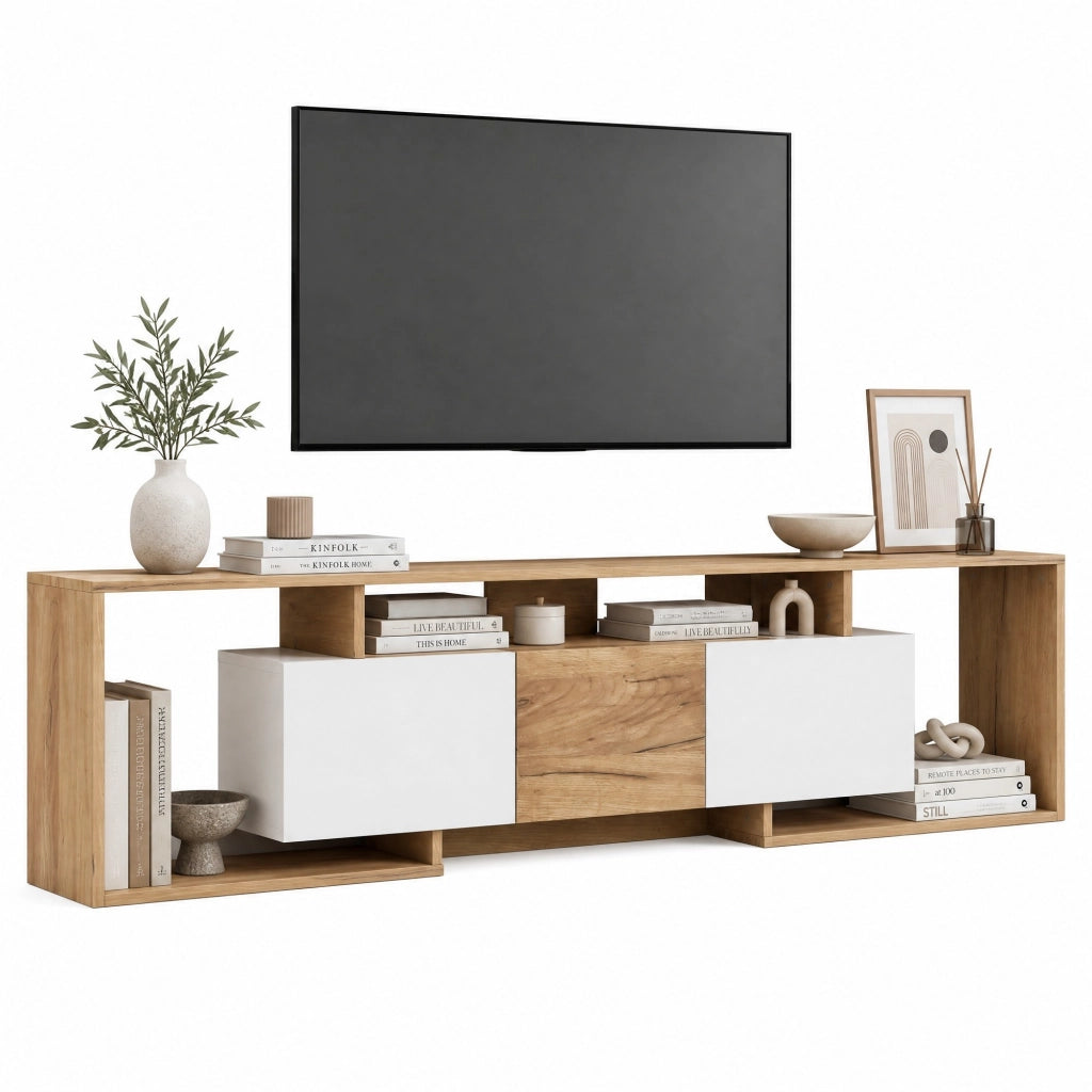 Mobile TV moderno 180x30x49 cm con 2 ante a ribalta, 1 anta e 3 vani aperti, bianco e effetto legno naturale