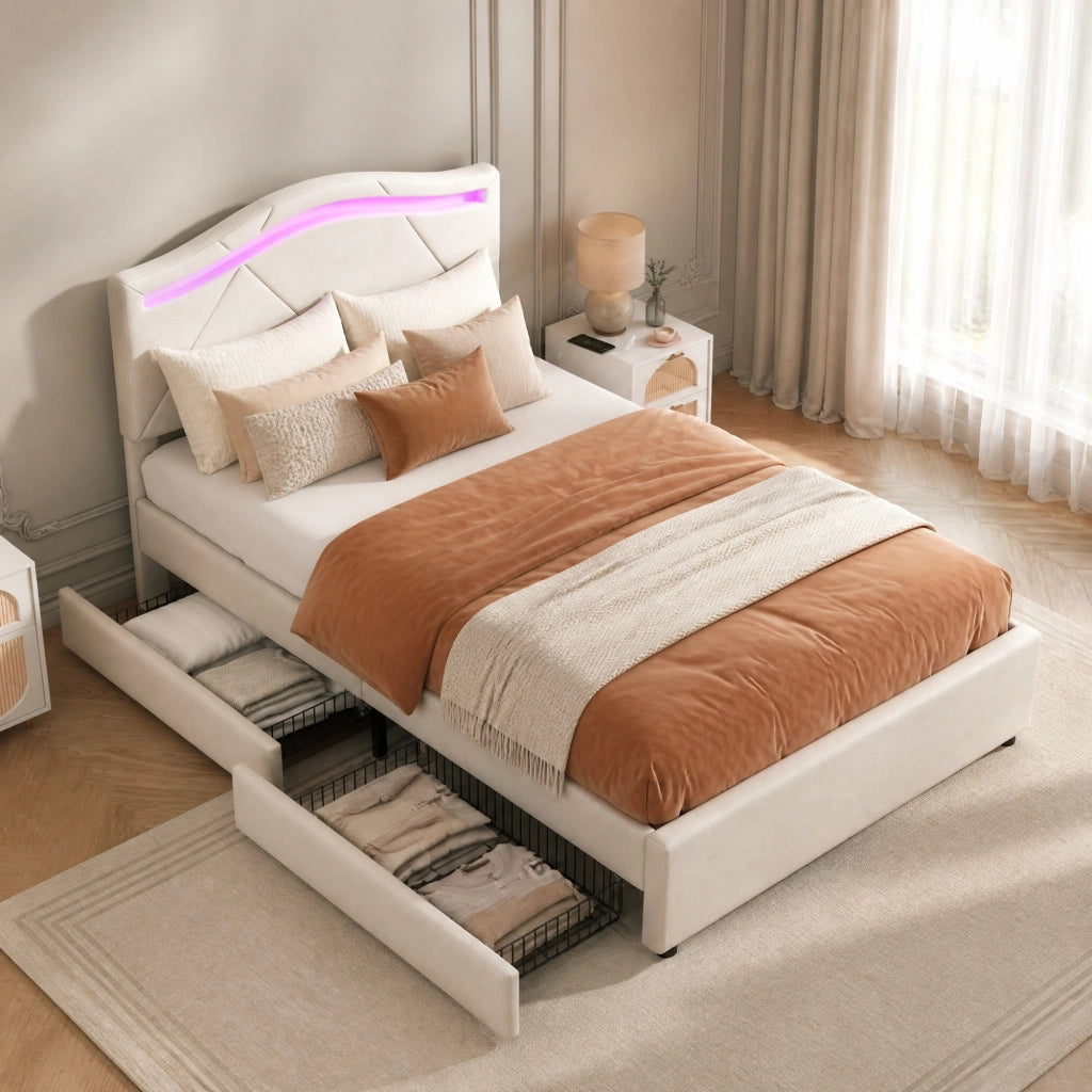 DESMIU Letto singolo 90 × 200 cm 1 posto con 2 cassetti, LED regolabile e testiera regolabile, senza materasso, beige