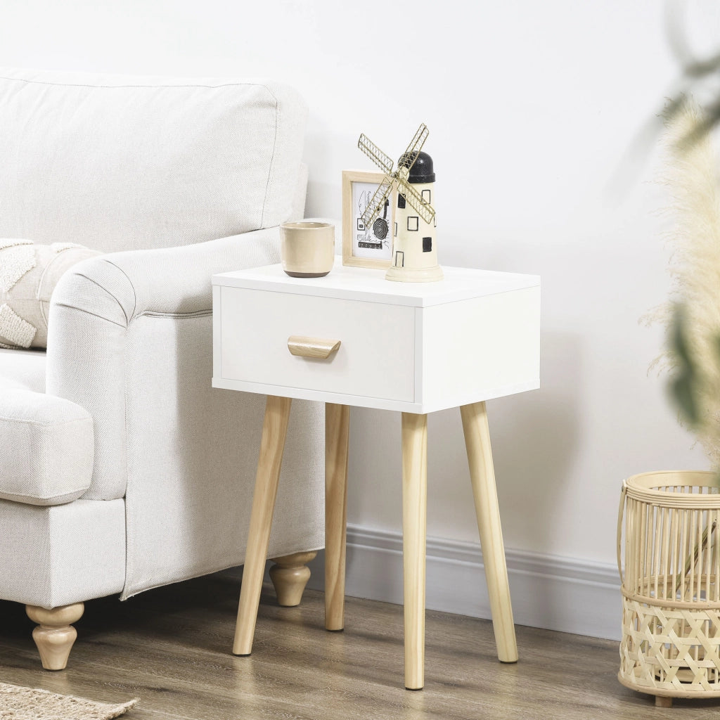 Comodino moderno con cassetto e gambe in legno massello ¨C zephmum ¨C 40.5x30.5x60 cm, bianco