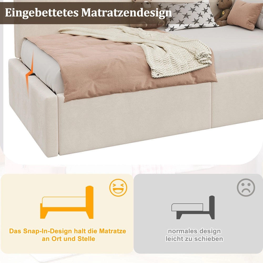 Letto Daybett 90x200 cm - Zephmum- Stoccaggio idraulico, USB, luce da lettura, velluto beige