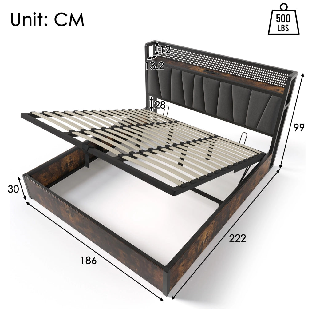 Letto matrimoniale 180x200 cm con LED; USB e contenitore; grigio