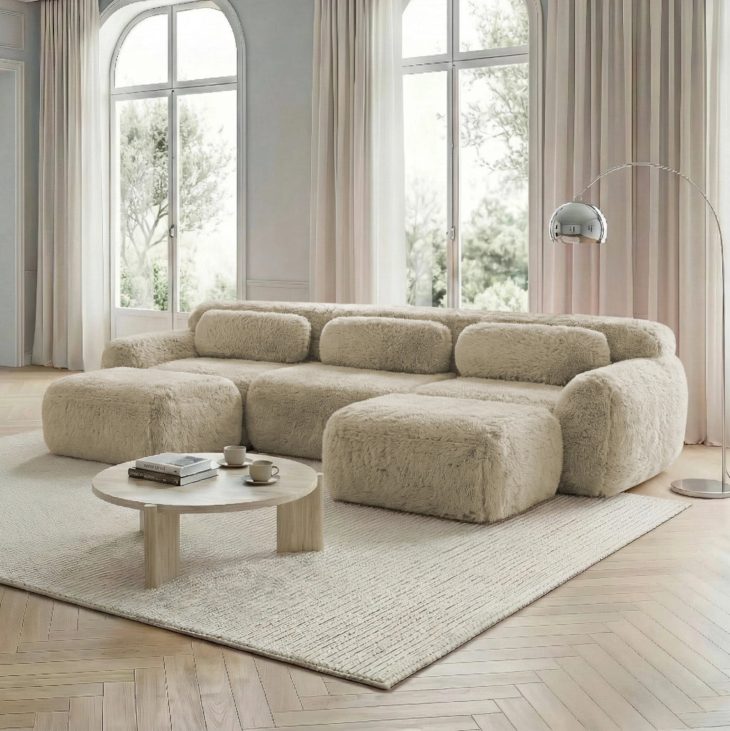Divano modulare a U 291x179x73 cm in tessuto, beige chiaro, con cuscini, per soggiorni –