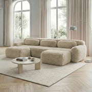 Divano modulare a U 291x179x73 cm in tessuto, beige chiaro, con cuscini, per soggiorni –