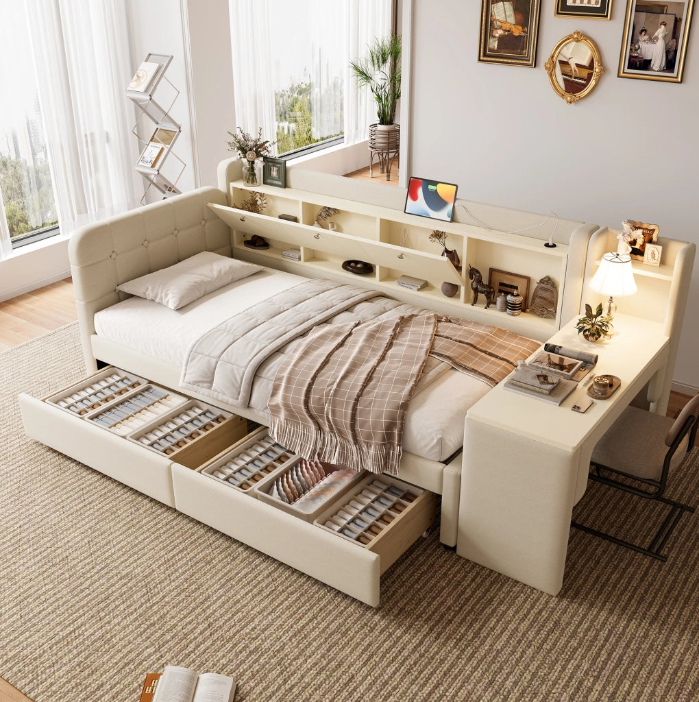 Letto singolo 90x200 cm beige con scrivania reversibile, 2 cassetti e USB/Type-C