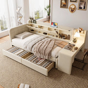 Letto singolo 90x200 cm beige con scrivania reversibile, 2 cassetti e USB/Type-C