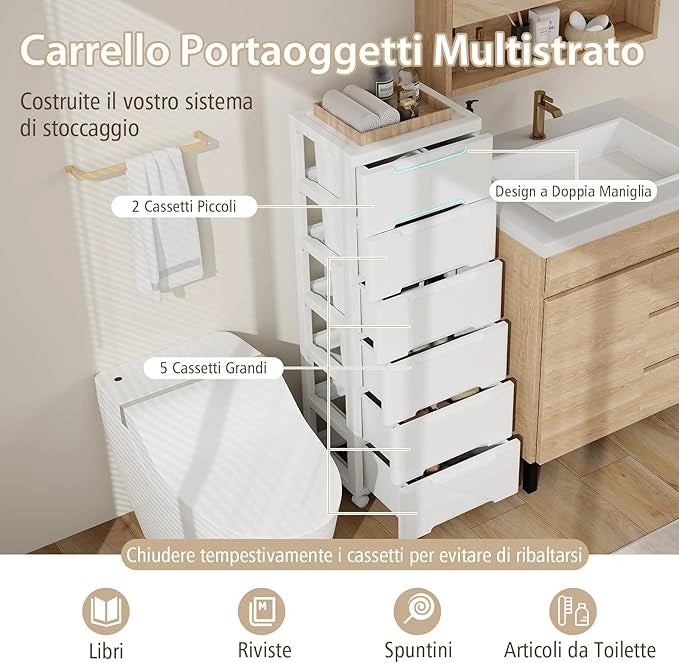 Cassettiera a 6 Cassetti, Comò Camera da Letto con Ruote Universali Bloccabili, Mobile Salvaspazio Moderno per Ufficio, Scrivania, Bagno e Cameretta, 40 x 32 x 114 cm