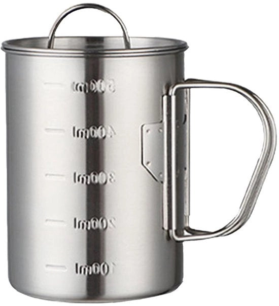 Tazza da Campeggio in Acciaio Inossidabile - Opaca - Manici Ripiegabili - Coperchio - Scala dei Livelli - Capacità 500ML - Tazza da Campeggio