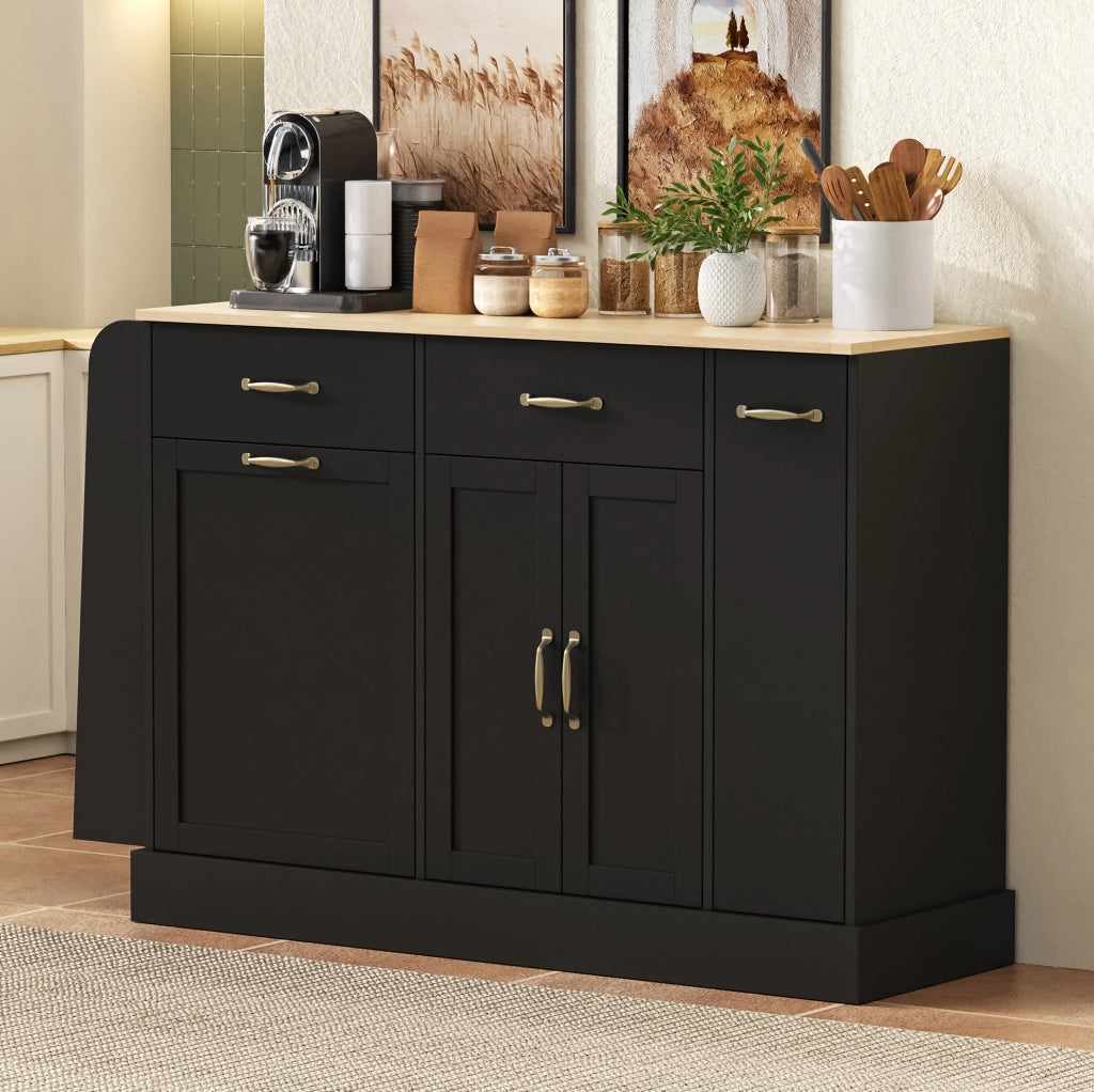 Credenza 133.5x40x86 cm con vano per bidone; ripiani organizzati in MDF nero