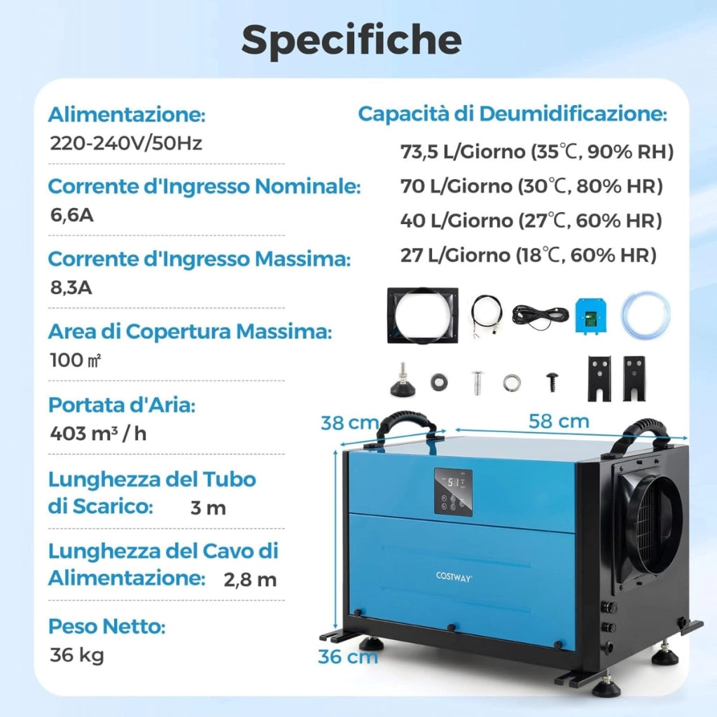 Deumidificatore industriale con tubo di drenaggio e sbrinamento automatico, Deumidificatore per spazi ristetti Blu-Condizionatori aria