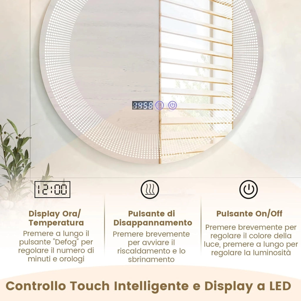 Specchio da Bagno a LED 60x60vm, Specchio Rotondo a Parete con Luci a 3 Colori, Lettura di Tempo e Temperatura, Funziona Anti-Appannamento e Impermeabile IP44, Specchio Cosmetico