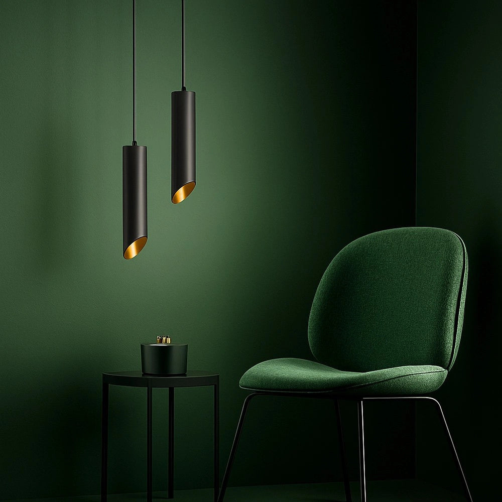 Trade Shop - Lampadario A Cilindro Asimmetrico Da Soffitto Nero Con Interno Oro Attacco Gu10 Ts187 -