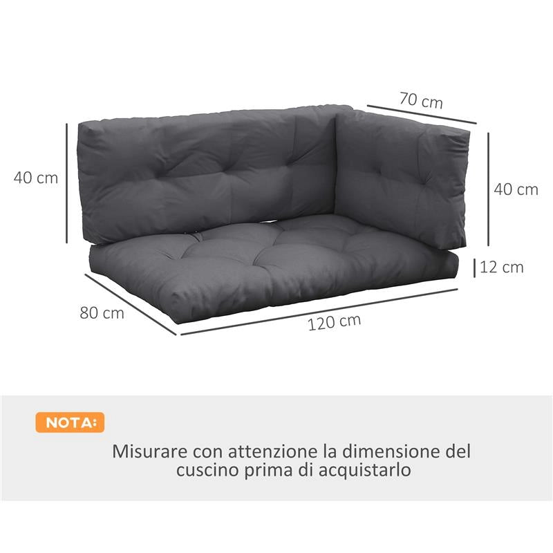 SET 3 CUSCINI DA GIARDINO PER DIVANI E PALLET IN POLIESTERE CON IMBOTTITURA SPESSA, GRIGIO CARBONE