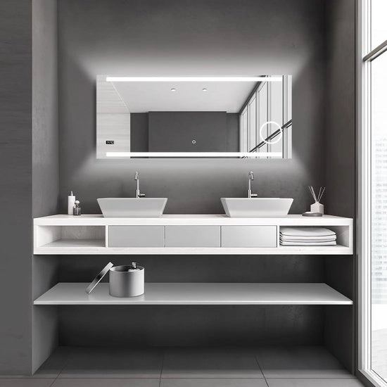 Specchio Bagno Illuminato 140 x 60 cm - LED con 3x Amplificatore e Orologio Digitale - Luce Bianca Neutrale