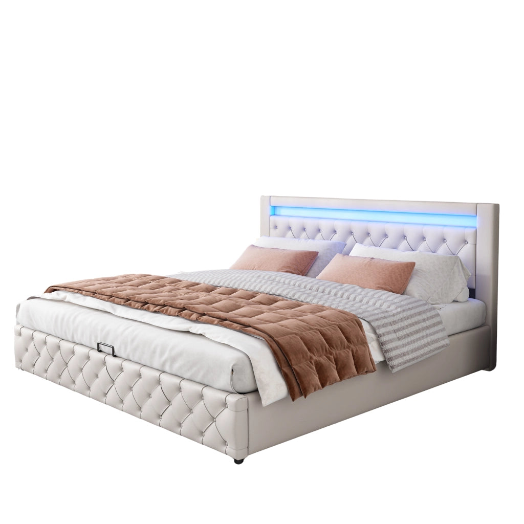Letto imbottito 160x200 cm in PU bianco con LED; rete a doghe e contenitore