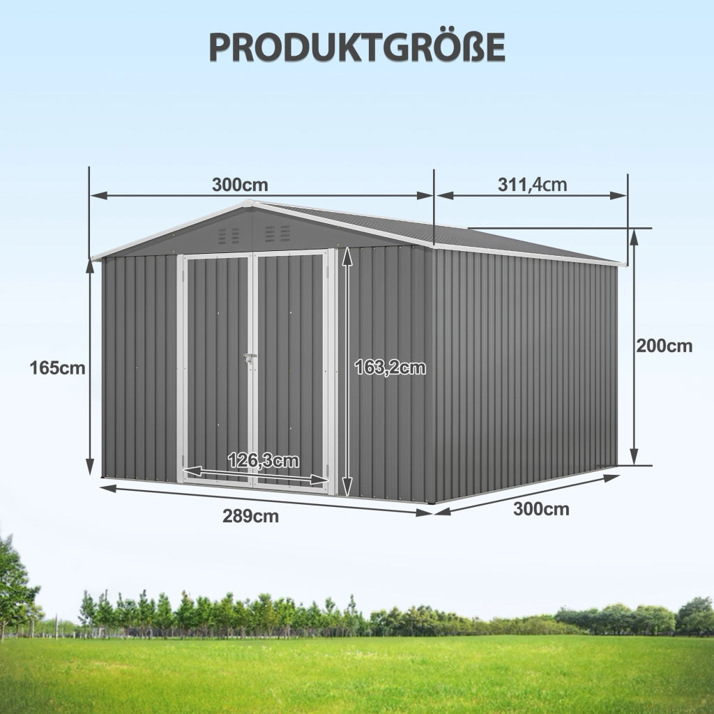 Casetta da giardino con porte chiudibili e telaio di base per esterno in metallo grigio 300×311.4×200 cm