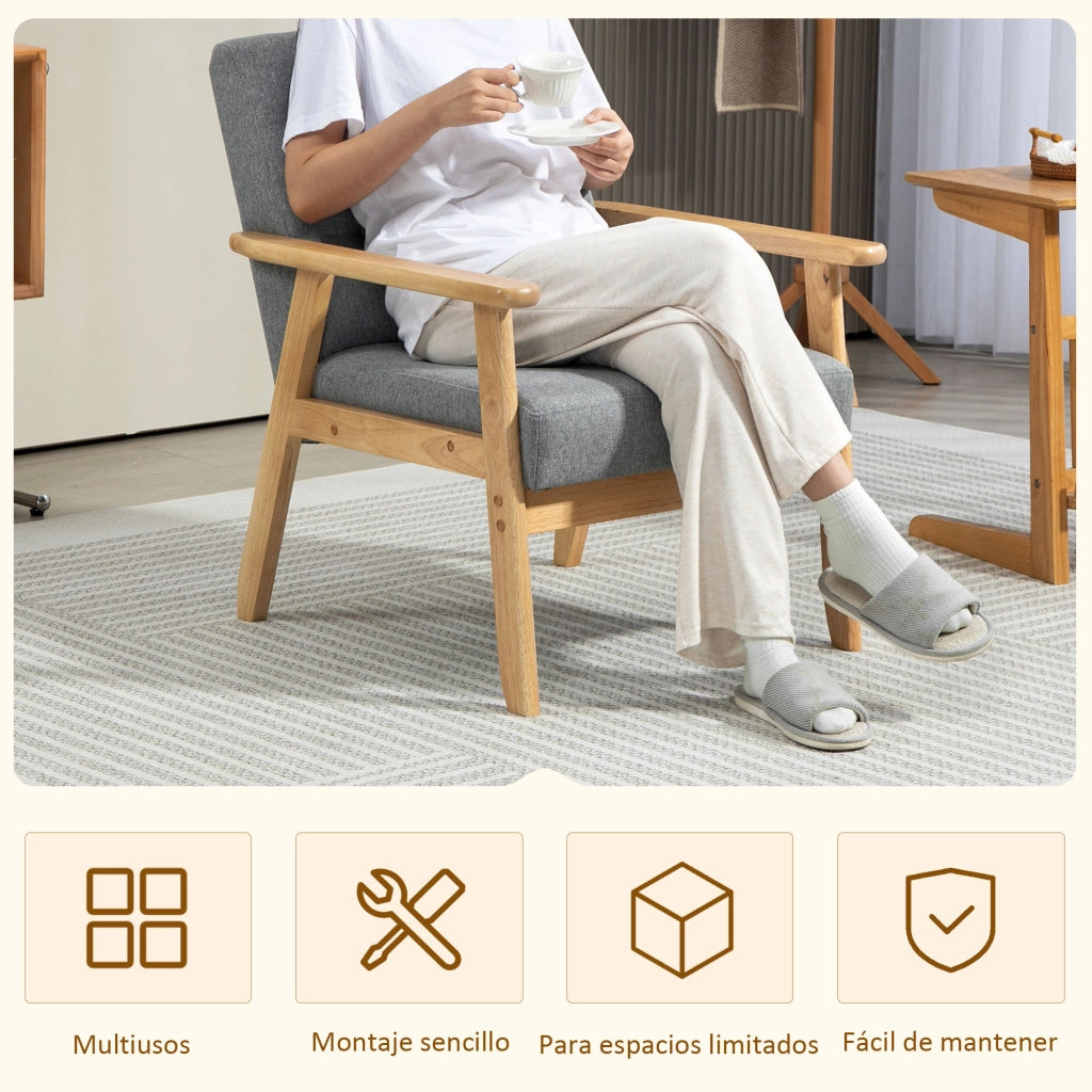 Poltrona in Lino con Braccioli e Struttura in Legno ¨C Zephmum ¨C Grigio Chiaro 130 kg