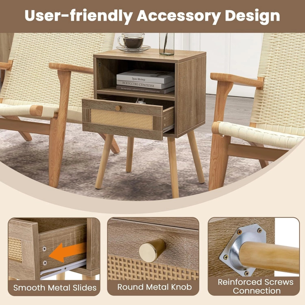 Set di 1/2 comodini, comodino con cassetto in rattan e vano aperto, tavolino laterale con gambe in pino, comodino per camera da letto, soggiorno, 40 x 30 x 60,5 cm (1)