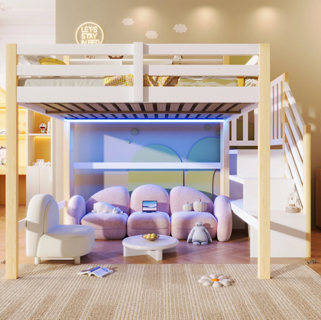 Letto a soppalco 140x200 cm con LED, scala contenitore e ampio spazio inferiore