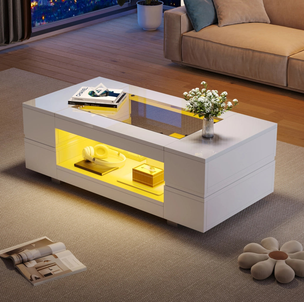 Tavolino da salotto bianco con LED e vano contenitivo, moderno e funzionale