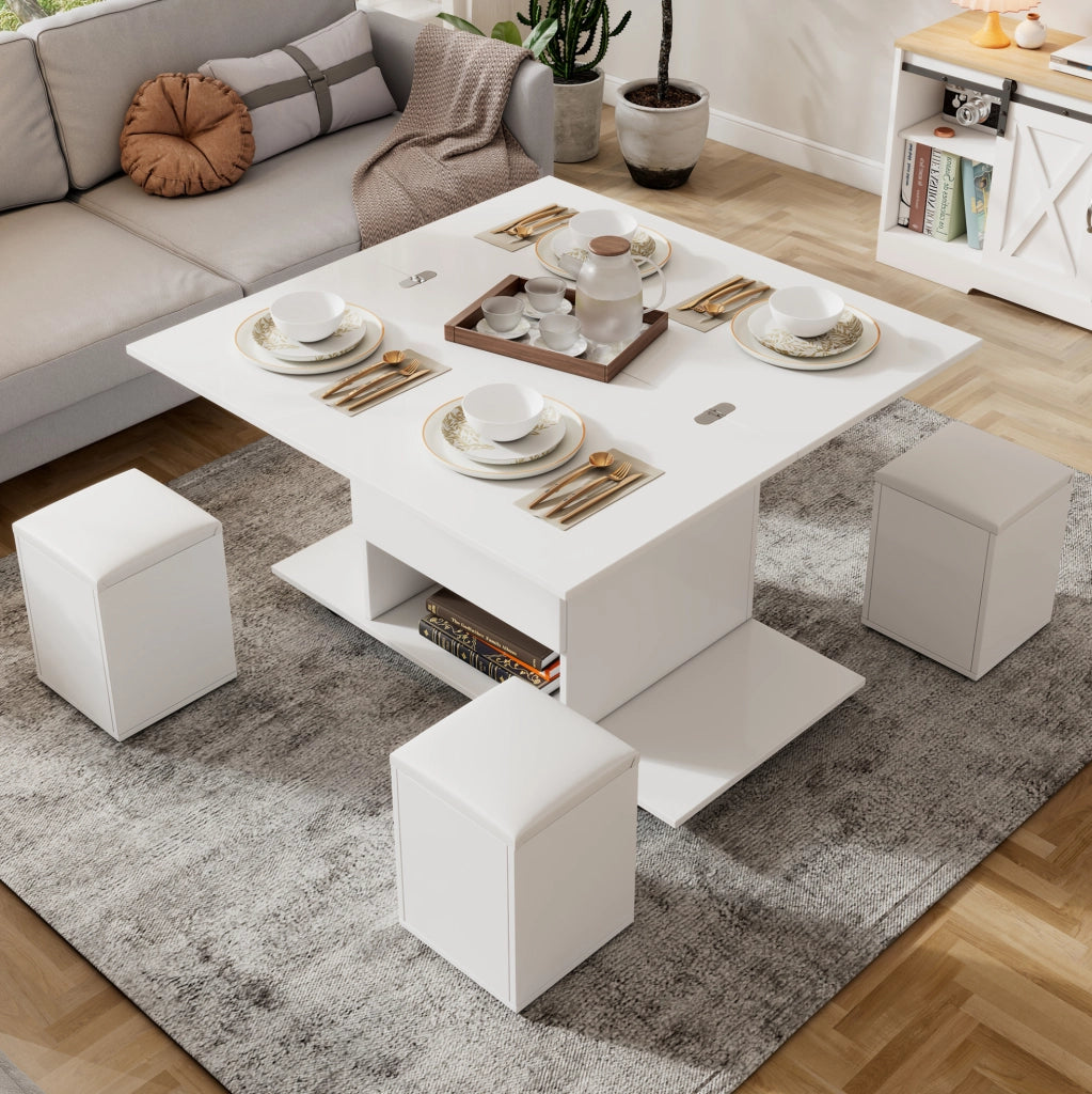Tavolino da salotto sollevabile multifunzione 100 x 100 x 63;5 cm; bianco; in truciolare