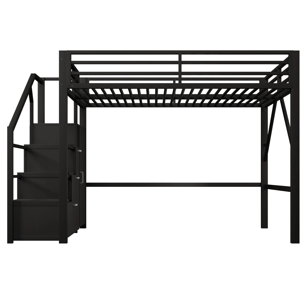 Letto a Soppalco 140x200 cm; Letto Matrimoniale - Contenitore; LED; Armadio e Scaletta - Nero