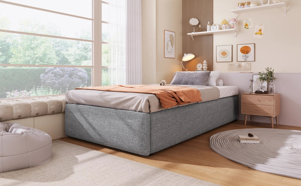 Letto imbottito singolo 90 × 200 cm con contenitore idraulico e cassetto, senza materasso, grigio