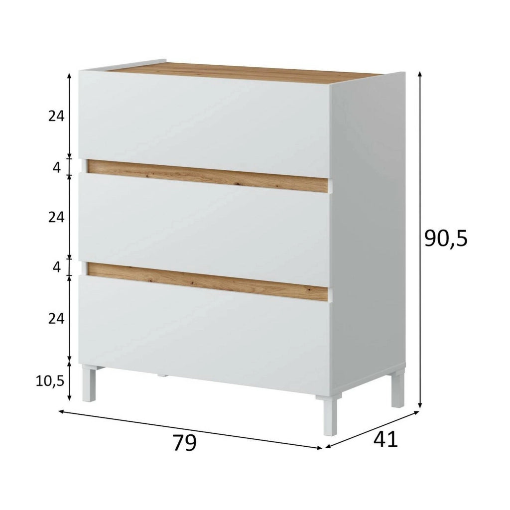 Cassettiera Teddy, Settimino multiuso, Comò camera da letto, Mobile con cassetti, 79x41 h91 cm, Bianco e Rovere Nodi