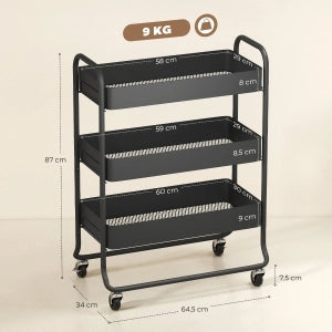 CARRELLO DA CUCINA 3 CESTI 64,5x34x87 cm METALLO NERO