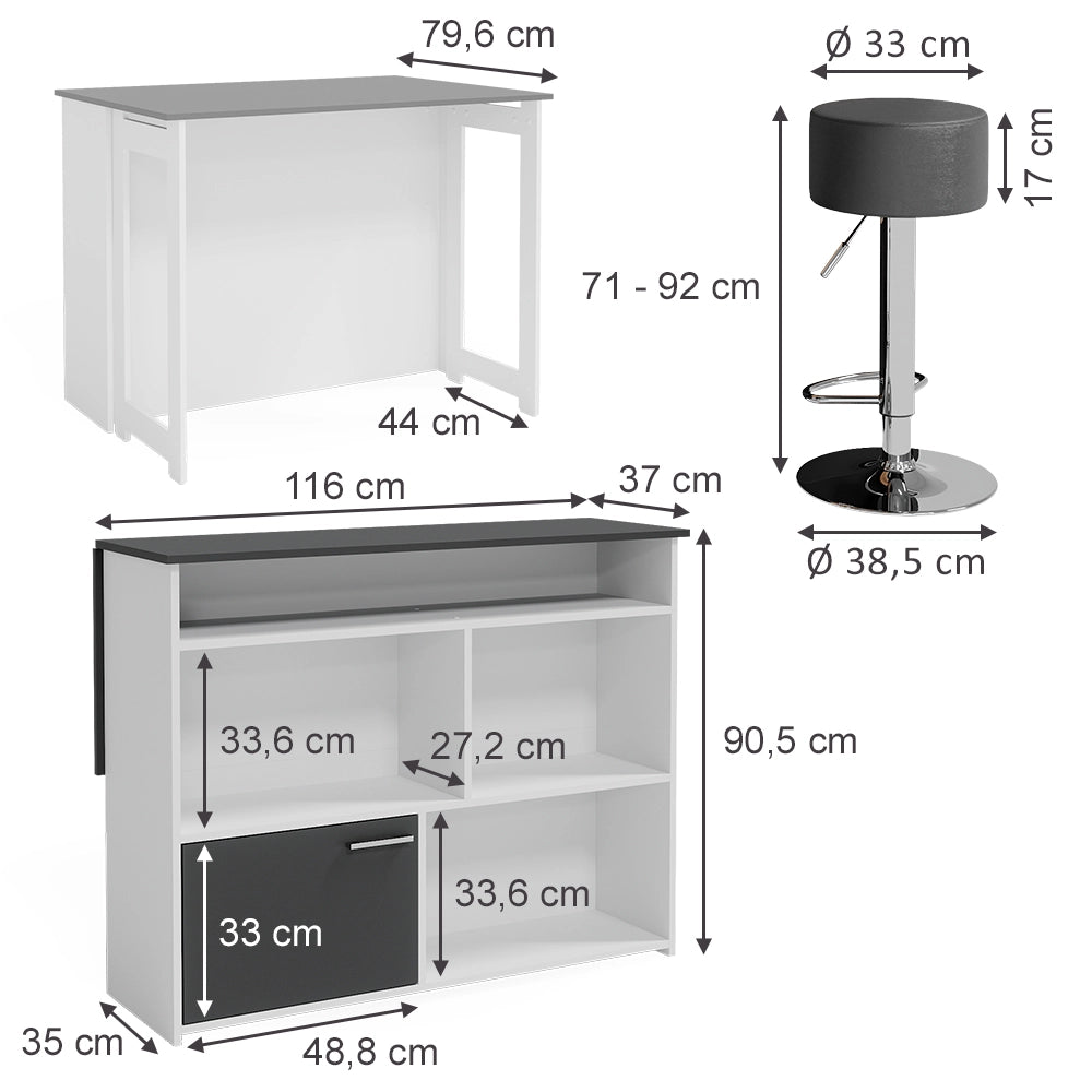 Vicco Tavolo bar con sgabelli Antracite/bianco 116 x 37 cm con 2 sgabelli da bar