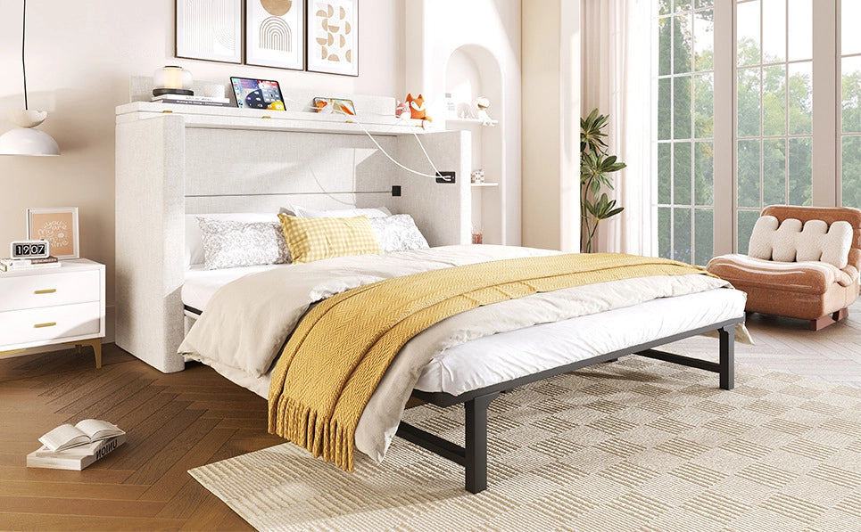 Letto a scomparsa mobile 140x200 cm beige con USB