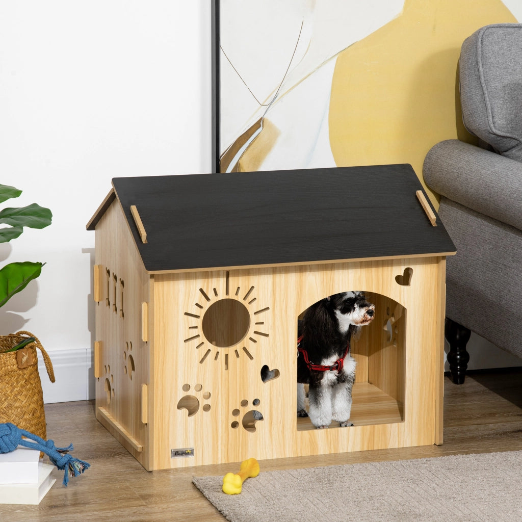 Cuccia per Cani da Interno con Struttura in Legno e Aperture a Forma di Zampa. Cuore e Ossa. Rovere