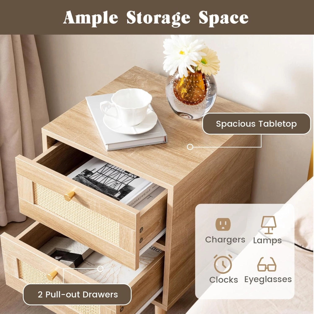 Comodino con 2 cassetti in rattan, comodino in legno, tavolo laterale stretto con gambe in pino, comodino per camera da letto, soggiorno, 40 x 40 x 59 cm (2 pezzi)