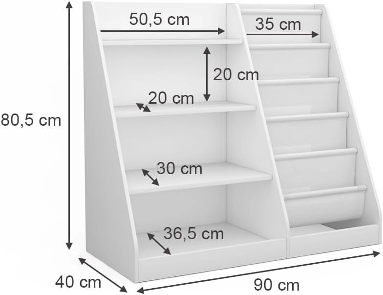 Scaffale per bambini Conny, Bianco, 90 x 80.5 cm con ampi ripiani, combinabile per riporre giocattoli e libri