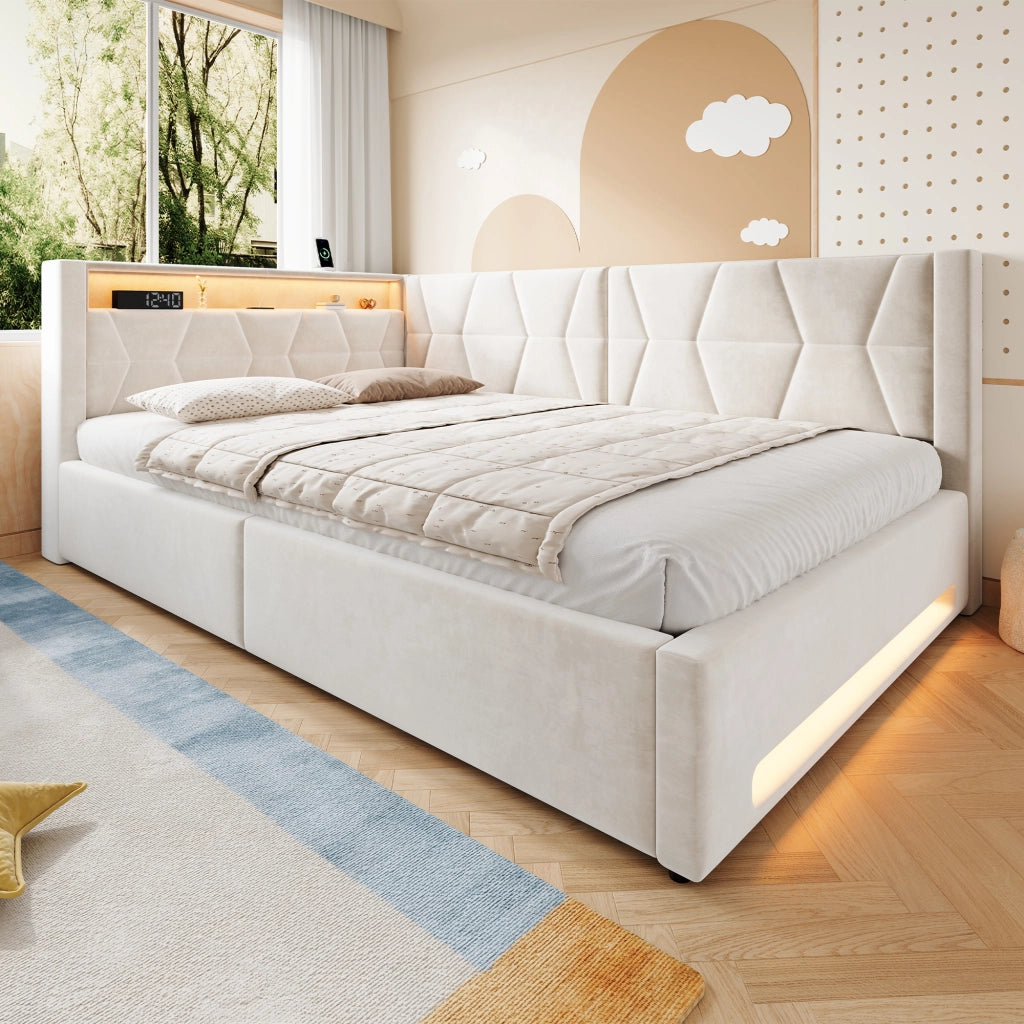 LETTO Contenitore 140x200 cm Velluto Beige con USB, Type-C e LED