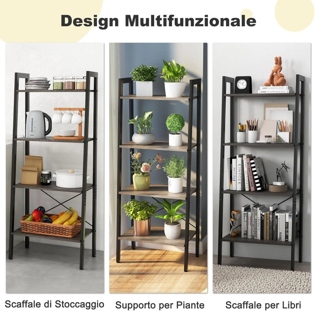 Scaffale 4 Ripiani, Libreria Scaffale con Telaio in Metallo Kit Antiribaltamento e Piedini Regolabili, Scaffale Espositivo per Soggiorno Cucina Ufficio, 56x34x138 cm (Caffè)