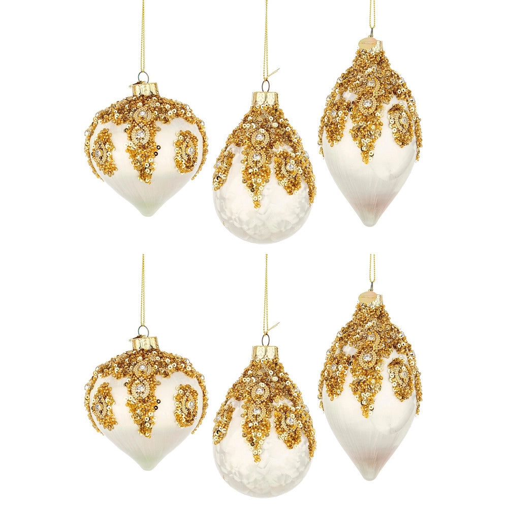 Pendagli di Natale in Vetro Bianche con Perline Oro Melissa