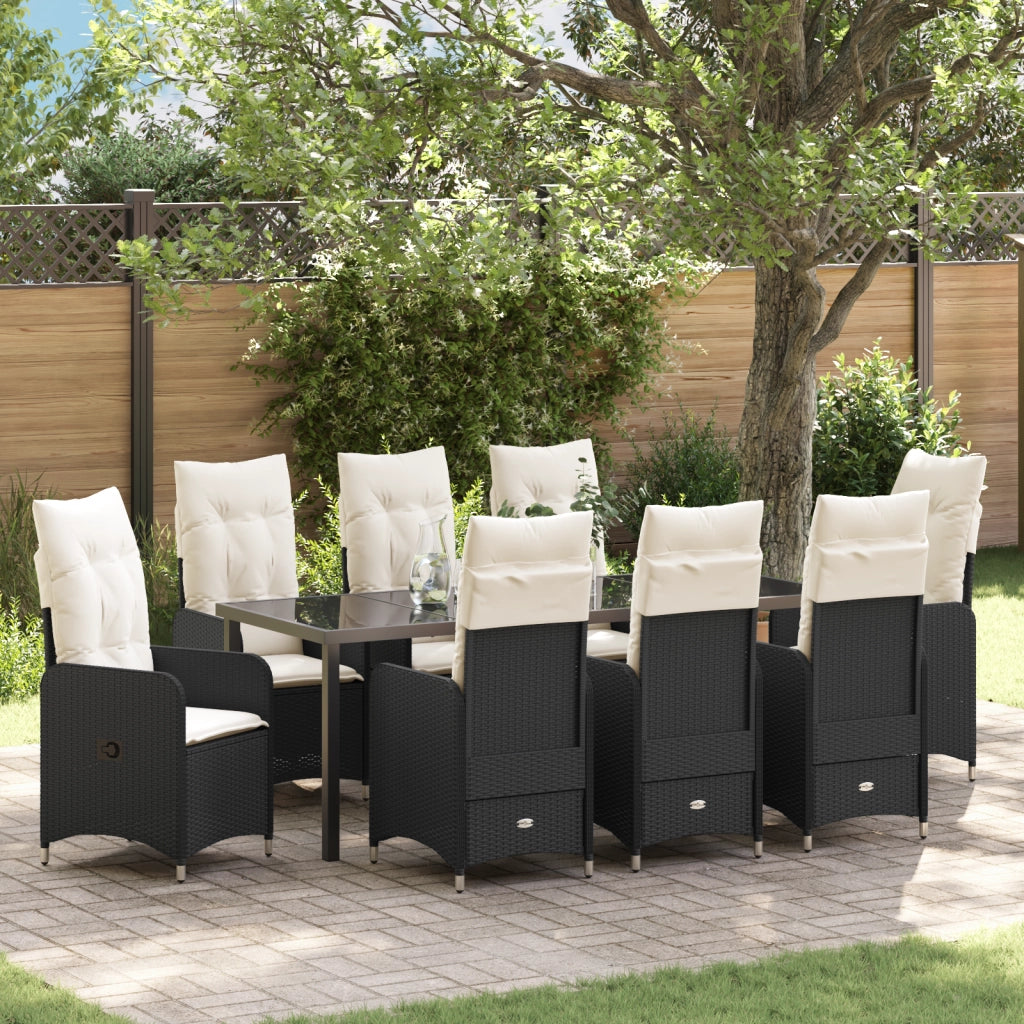 Set da Pranzo da Giardino 9 Pezzi con Cuscini Neri in Rattan Sintetico