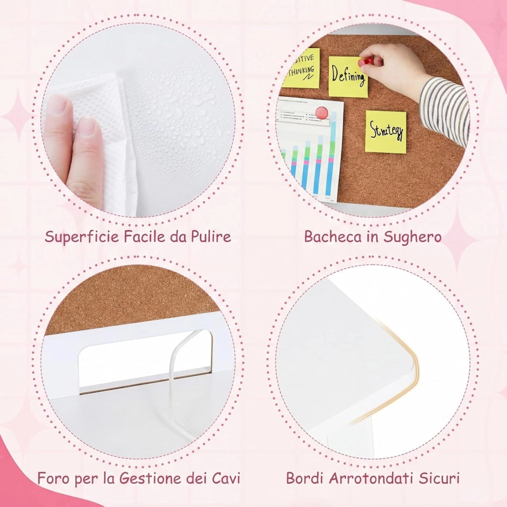 Set Scrivania e Sedia per Bambini, Tavolo per Studenti in Legno con Bacheca in Sughero, Cassetto, Pensile con Ripiani Aperti, Postazione Computer per Bambini per Studio e Lettura (Bianco)