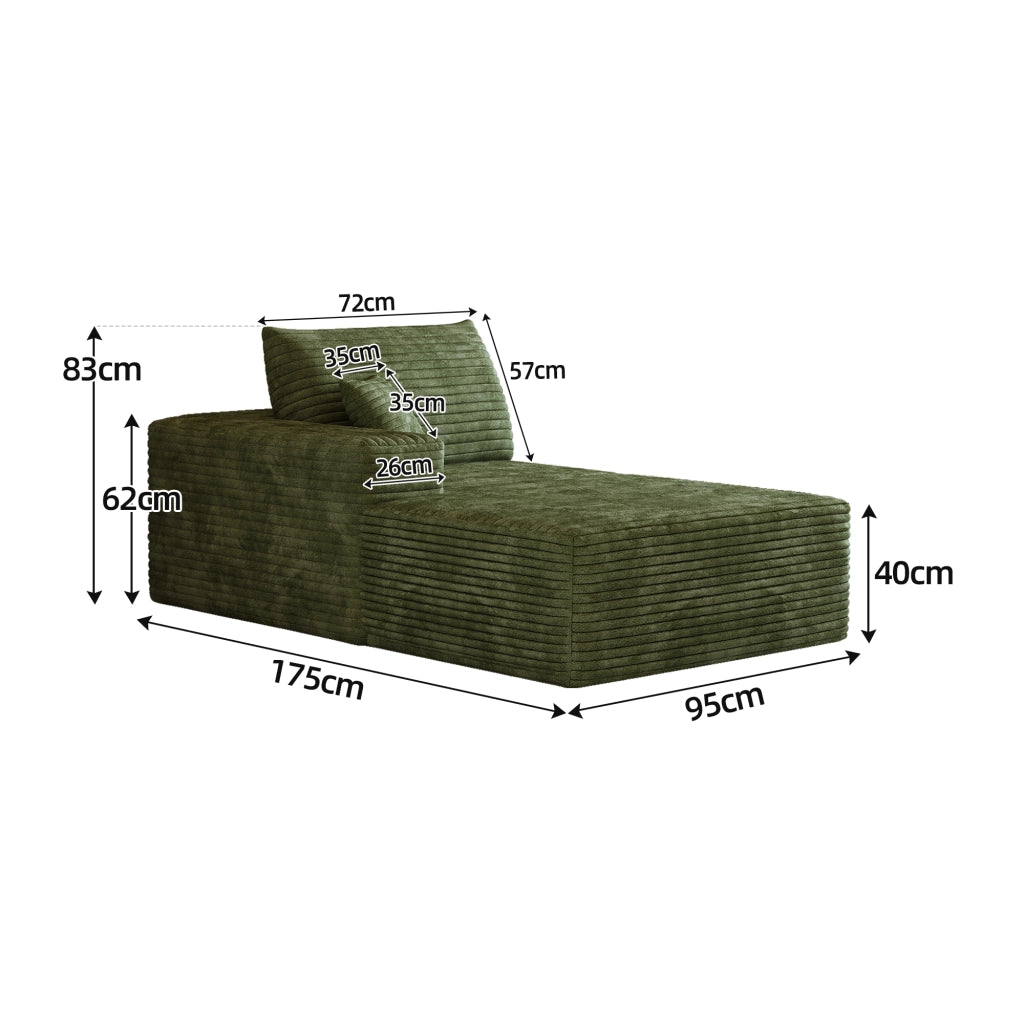 Divano modulare con chaise longue in tessuto effetto velluto a coste verde, senza montaggio per soggiorno e camera