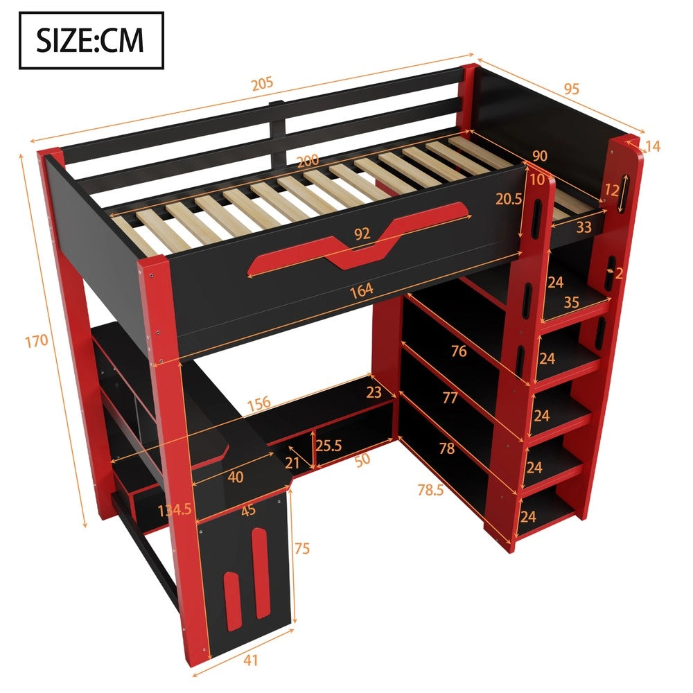 Letto a Soppalco con Scrivania ¨C Xylo ¨C Legno, LED, Scala con Cassetti, Nero, 90x200