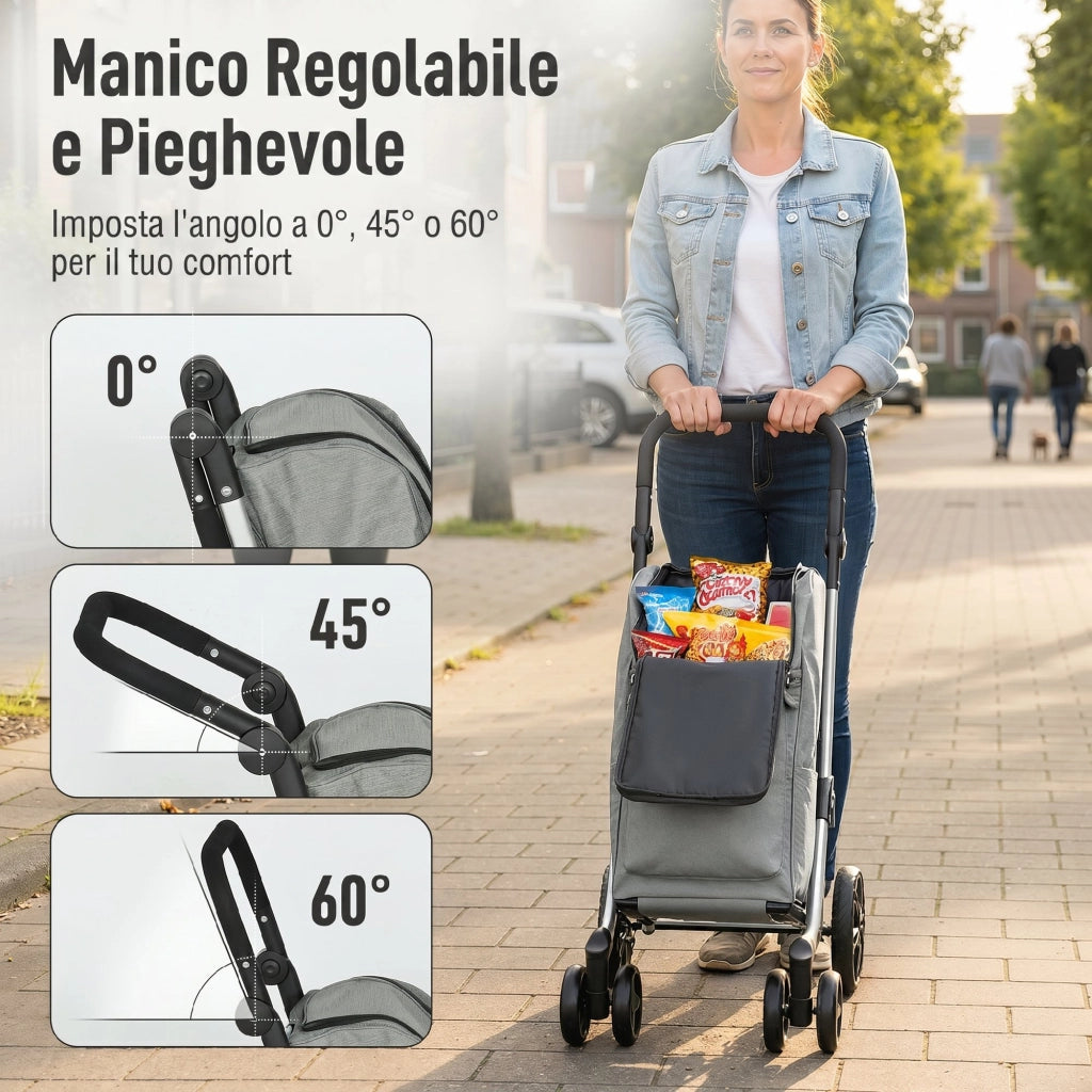 Carrello Spesa Pieghevole 44x58x100 cm Borsa da 46L con Ruote Scomparto Refrigerato in Alluminio Grigio