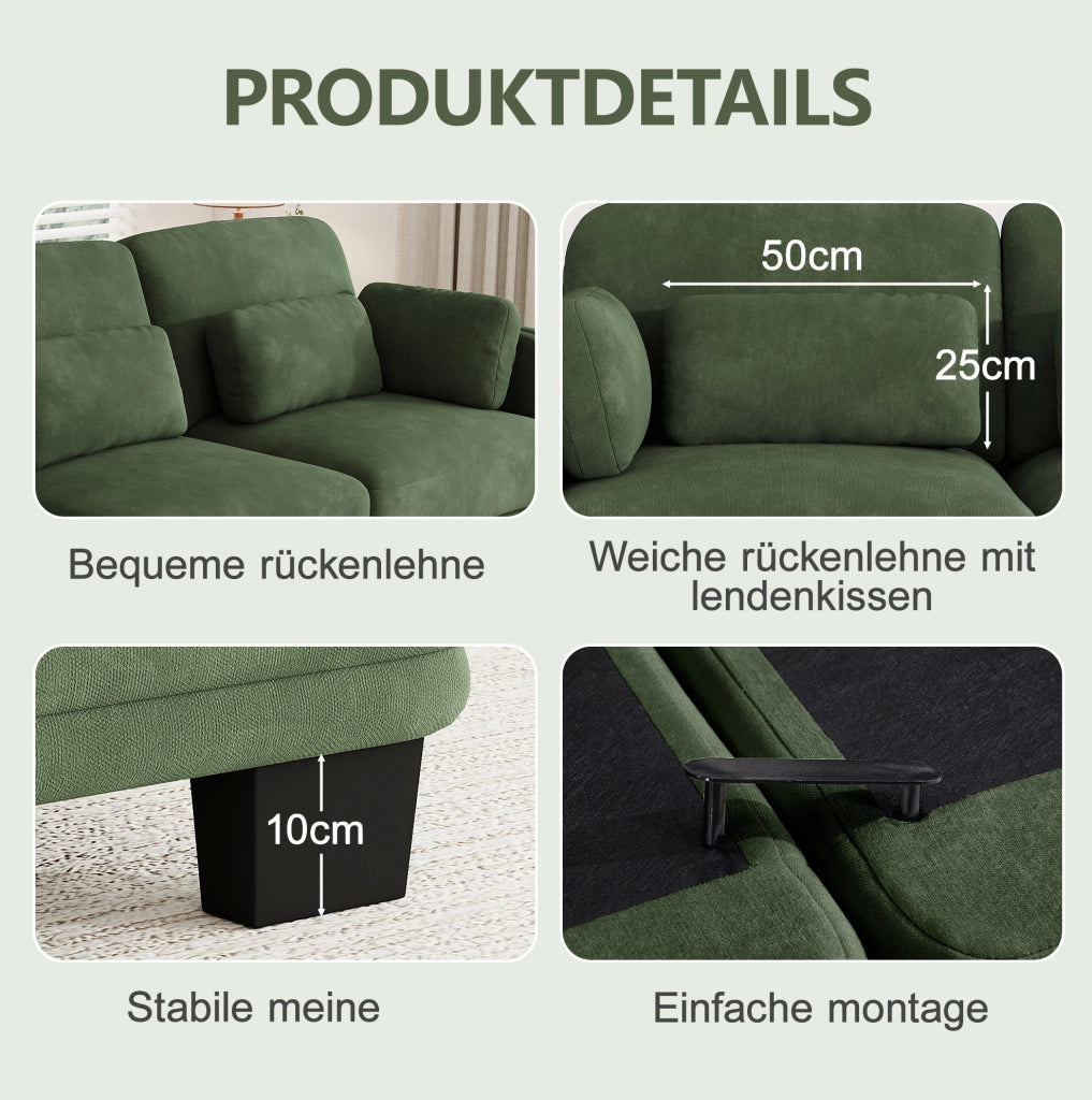 Divano modulare in chenille verde 176x143x88 cm con pouf e cuscini mobili