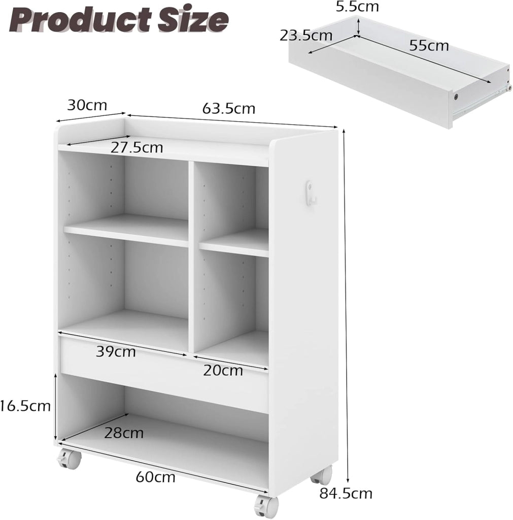 Mobile Porta Stampante con Cassetto, Ganci, Protezione Bordo, Ripiani Regolabili, e Ruote Bloccabili, Schedario da Ufficio in Legno， Mobiletto da Archivio, 63,5 x 30 x 84,5 cm (Bianco)