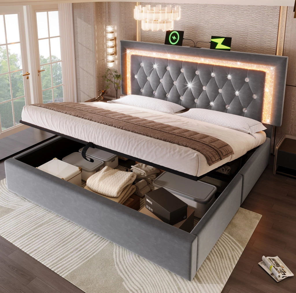 Letto matrimoniale 160x200 cm in velluto grigio con LED; USB e USB-C; contenitore idraulico